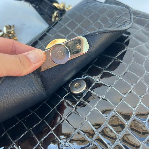 Versace Collection Croc-Embossed Patent Leather Top Handle Bag Black Purse - Picture 8 of 10